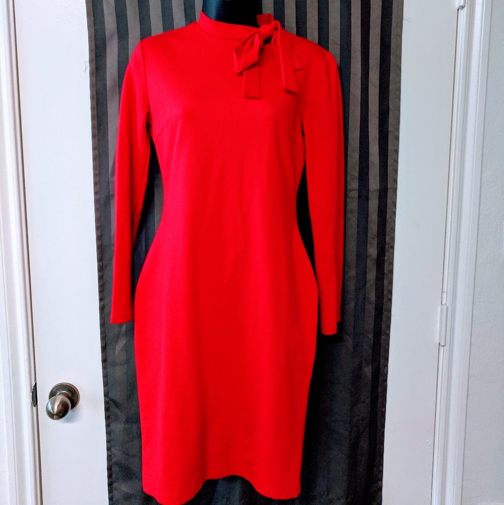 Red Long Sleeved Sheath Dress